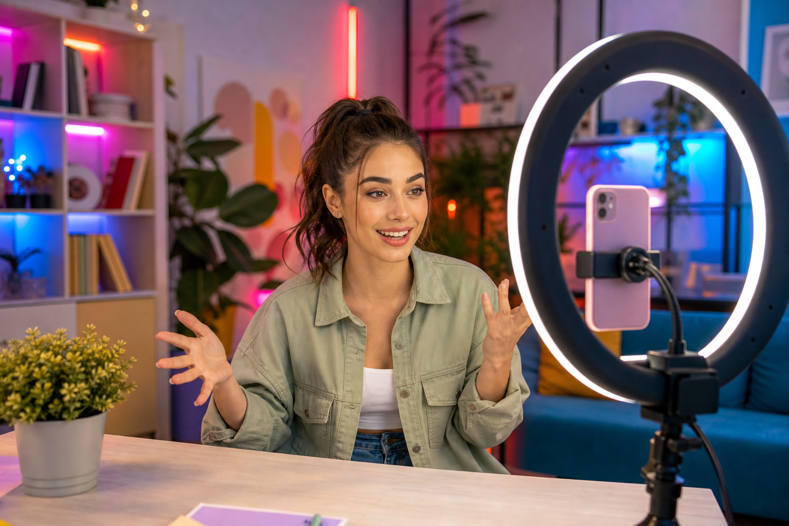 Creator che registra contenuti social con ring light