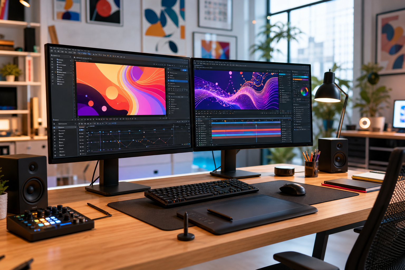 Postazione di motion design con due monitor